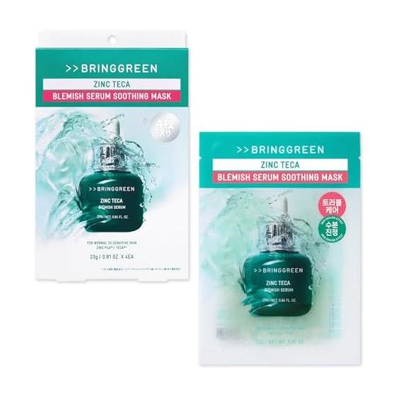 BRINGGREEN Zinc Teca B Serum Soothing Mask 4 Pieces CICA Calming Serum Sheet Mask Pack Face Moisturizing Sensitive Fluctuation Dullness Korea