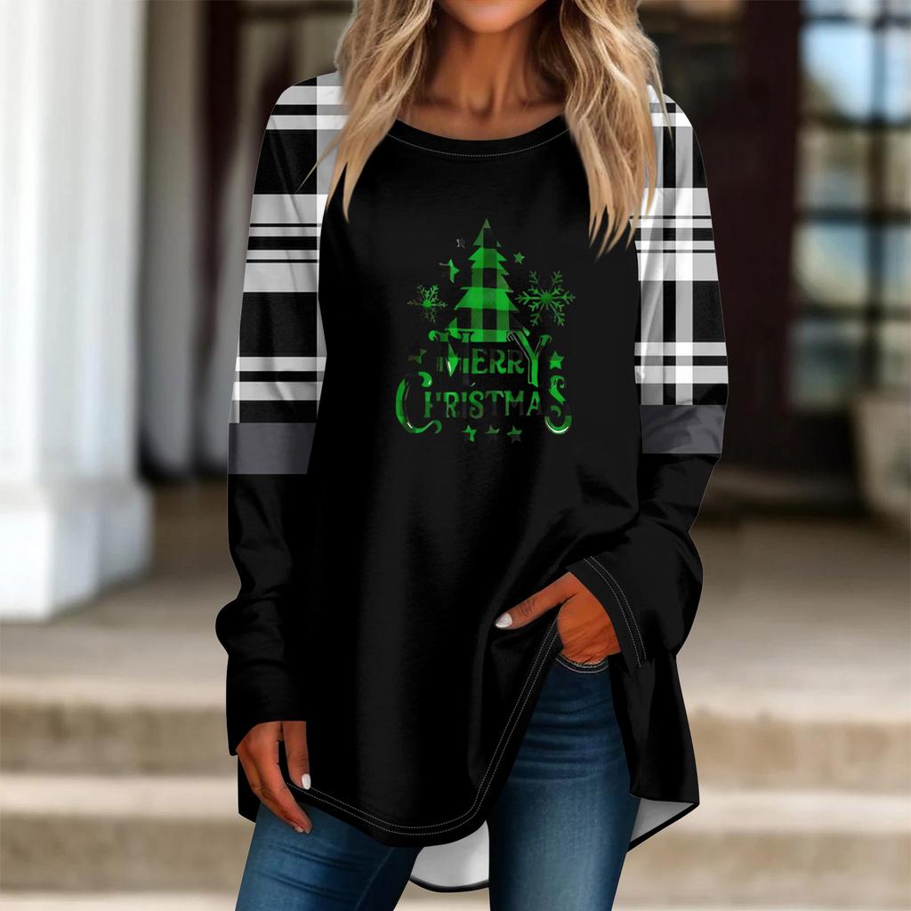Fashionable Women's Loose Round Neck Christmas Small Print Long-sleeved T-shirt Top Pullover