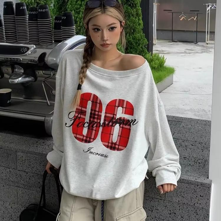 Y2K Sport Casual Oversize Hoodies Women Long Sleeve Sweatshirt Off Shoulder Top Back School Vintage Basic Tees Autumn Winter