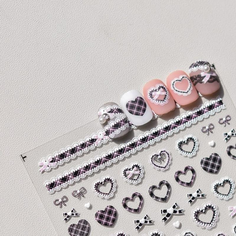 1/3Pcs Bow Lace Nail Stickers With Sweet Hearts Self Adhesive Nail Art Stickers Decals Japanese Winter Knit Lace Decoration
