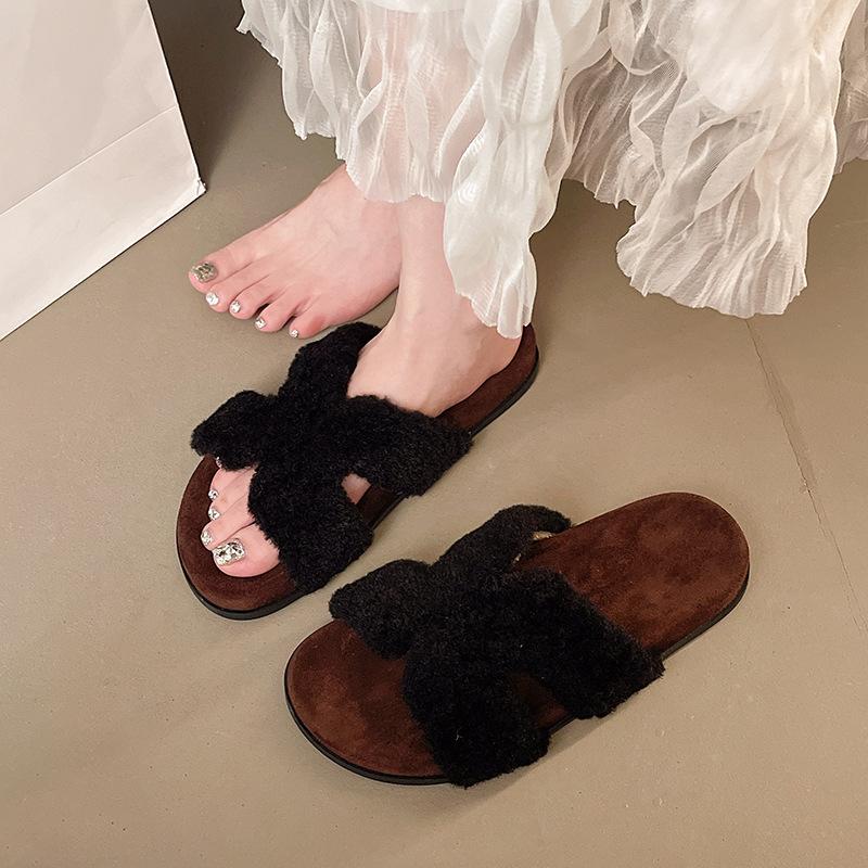 

Thick-bottomed Birkenstock fluffy slippers for women s outer wear 2025 autumn and winter new indoor home piled warm one-word cotton slippers 40