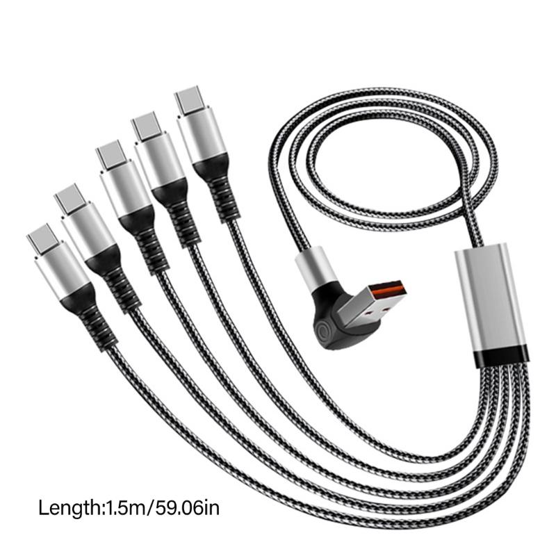 Right Angle USB A Male to 5 Type-C Male Cord 150cm Multi Charging Data Cable 66W USB Fast Charging Cord for Phone
