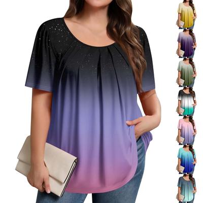 Plus Size Women's Casual Round Neck Pleated Short Sleeve Solid Color Top
