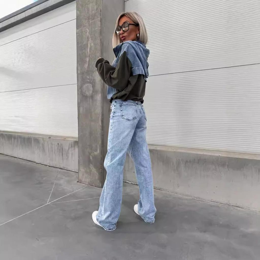 Felpe con cappuccio in denim lavato da donna, larghe, vintage, con cappuccio, pullover, top autunnali patchwork, felpa streetwear femminile