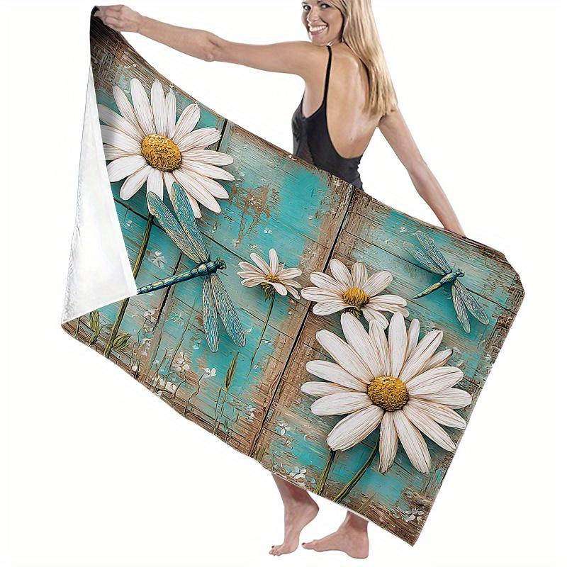 1pc Oversized Beach Towel with Dragonfly & Daisy Floral Design - Soft Microfiber Bath Towel Suitable for Swimming,Travel,Camping