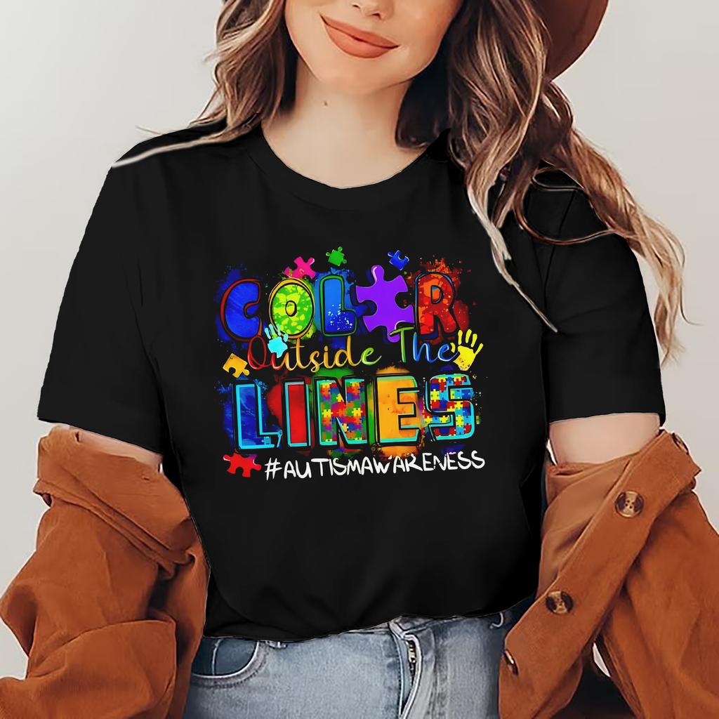 Autism Awareness Im April We Wear Blue Casual TShirt Soft Elastane Blend Crew Neck Short Sleeve Womens Spring Tops