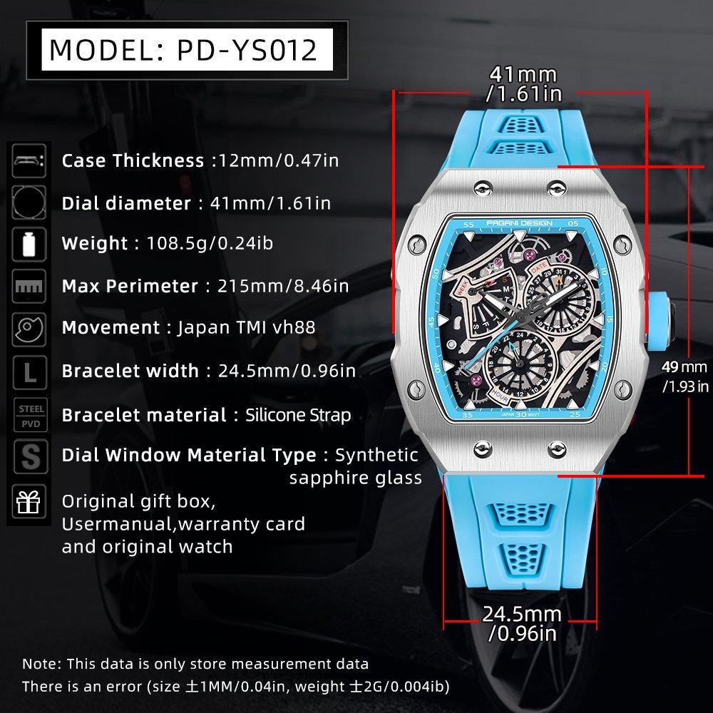 PAGANI DESIGN YS012 Men’s Quartz Skeleton Watch Japan TMI VH88 Movt Silicone Strap Sapphire Glass Waterproof Wristwatch For Man