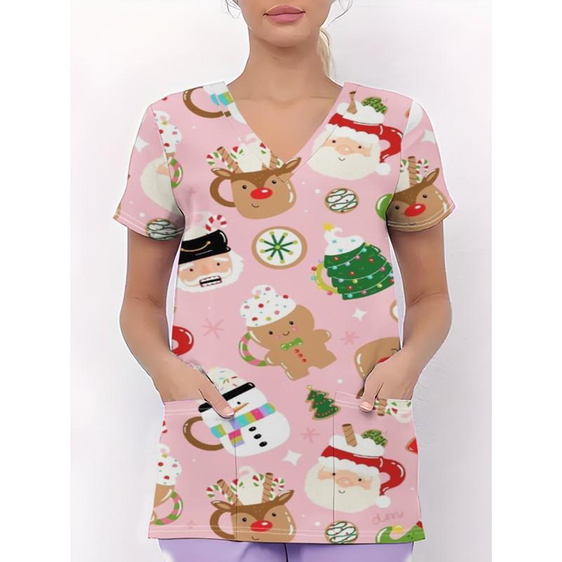 Womens V-Neck Short Sleeve Nursing Scrub Top With 3D Cartoon Print Comfortable Workwear Casual Medical Uniform