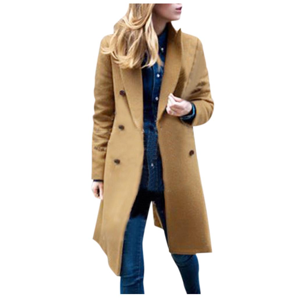 Damen Winter Revers Wollmantel Trenchcoat Lange Mantel Outwear