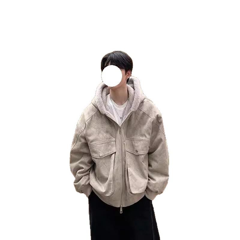 Men's Winter Marble Pattern Hooded Jacket - Plus Velvet, Loose Fit, Warm Cotton