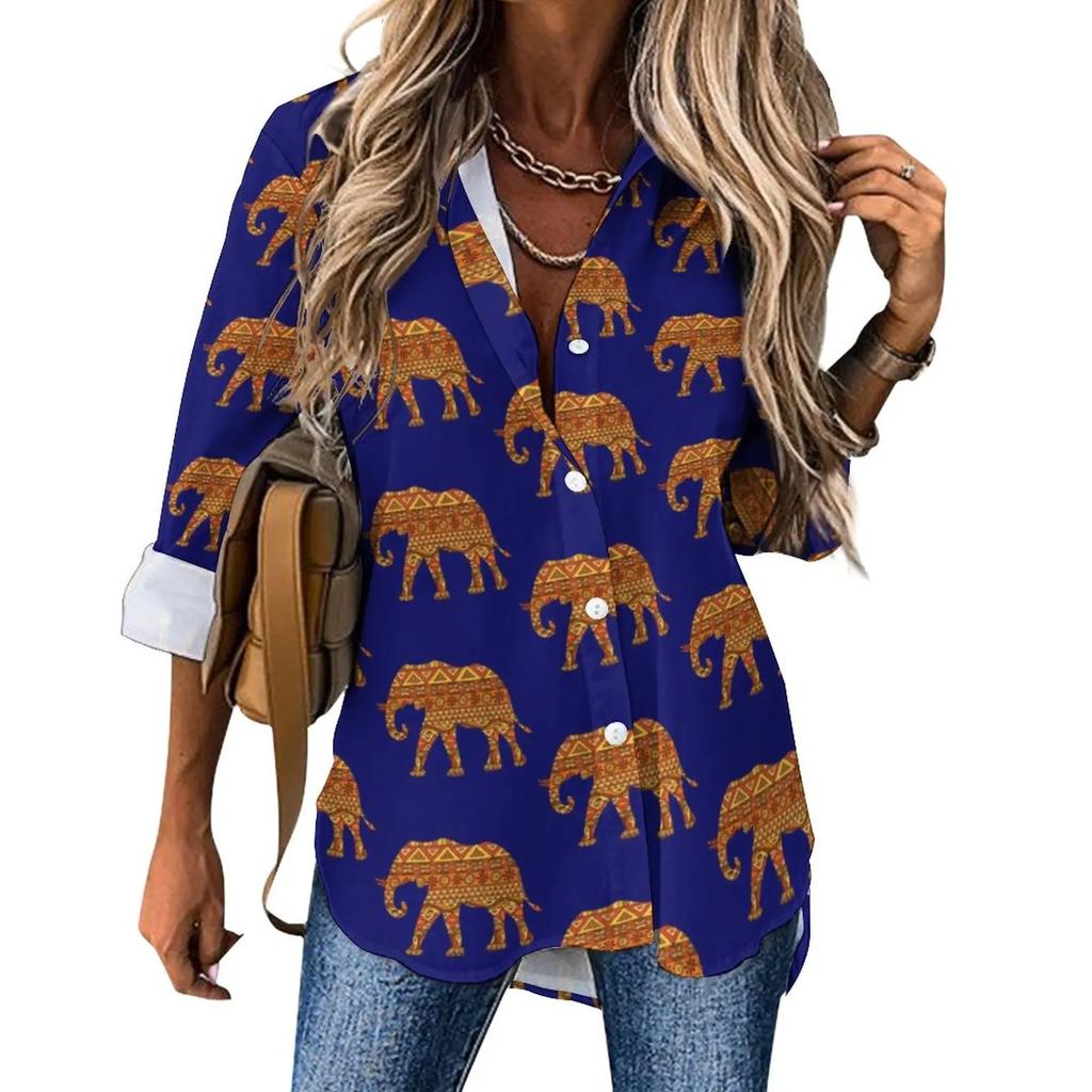 Indian Elephant Art Casual Blouse Spring Autumn Long Sleeve Colorful Floral Print Cool Blouses Woman Basic Shirt Graphic Clothes