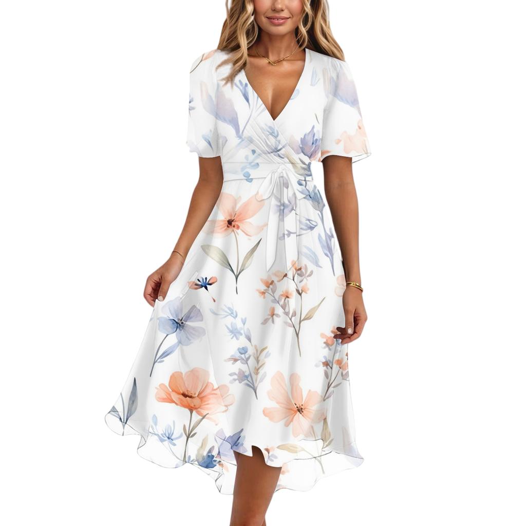 Dámské módní ležérní šaty s výstřihem do V, krátkým rukávem, volánky a vintage potiskem