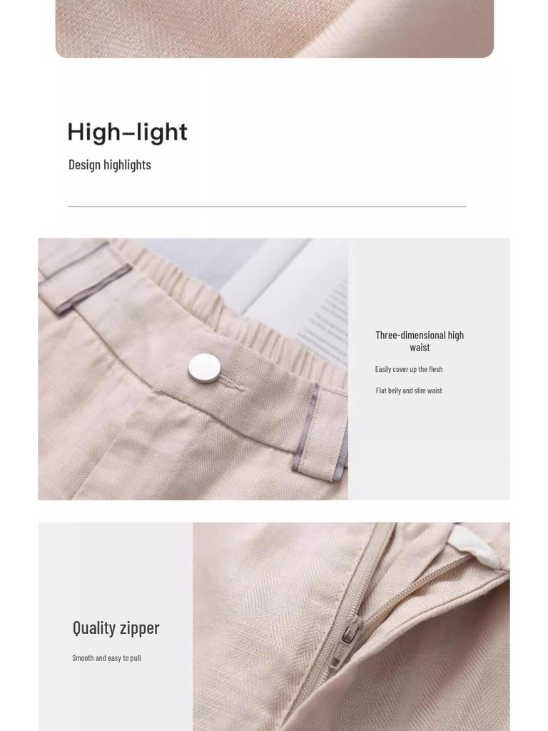 Damen Sommer 2025 Tencel Baumwolle Leinen Weitbein Hosen mit Drapierung - Petite Neun-Punkt-Länge