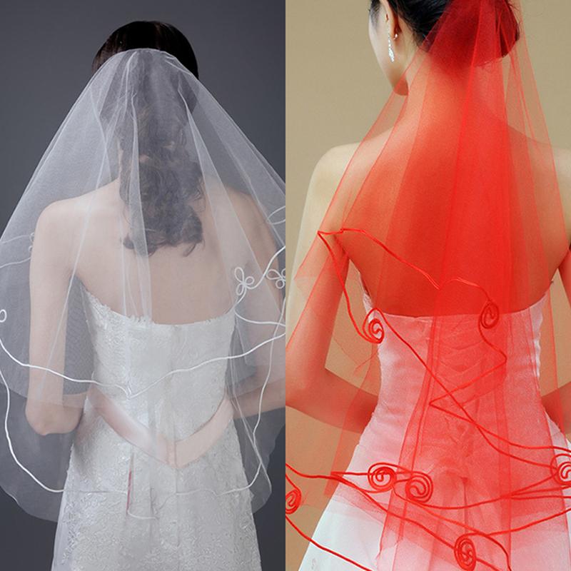Véu de noiva de 1,4 m com fio de seda e borda de 1 camada, véu de cabeça de noiva branco e vermelho