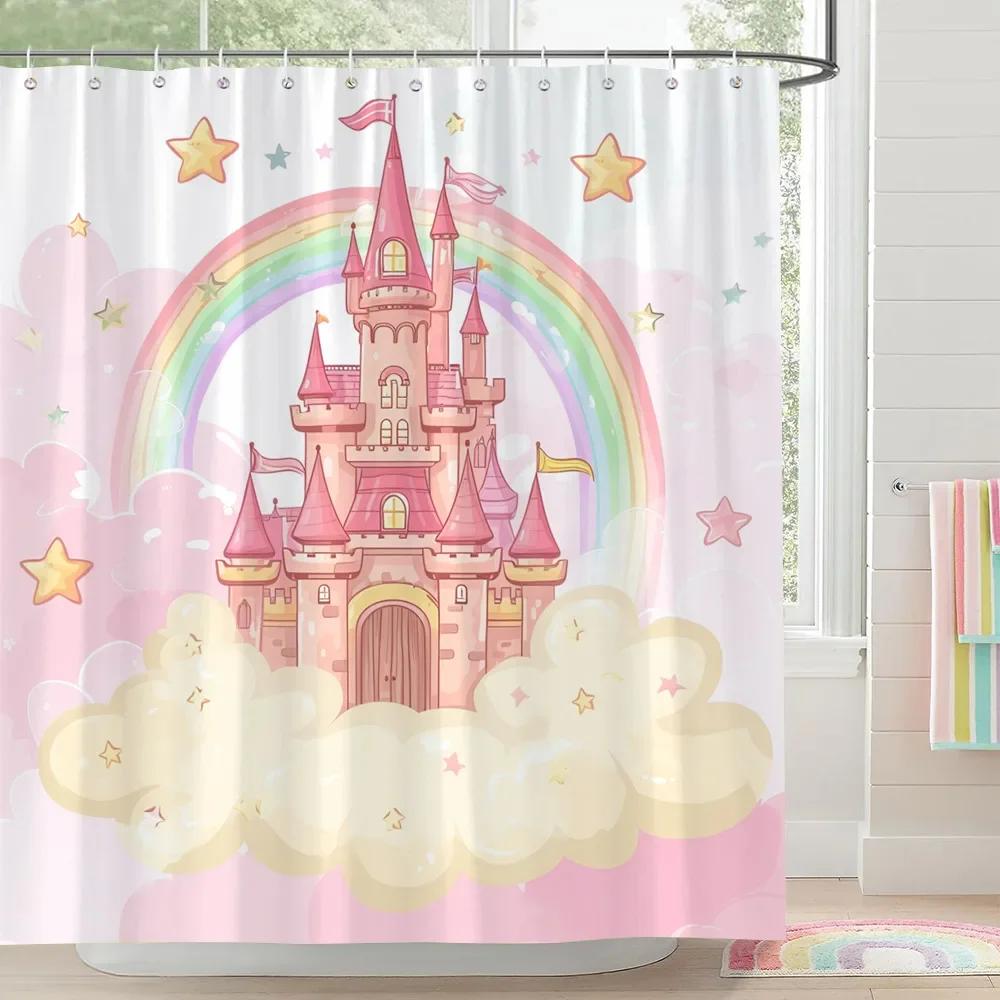 Rainbow Castle Pink Bow Shower Curtain Love Hearts Stars Stripes Colourful Clouds Polyester Fabric Shower Curtain Bathroom Decor