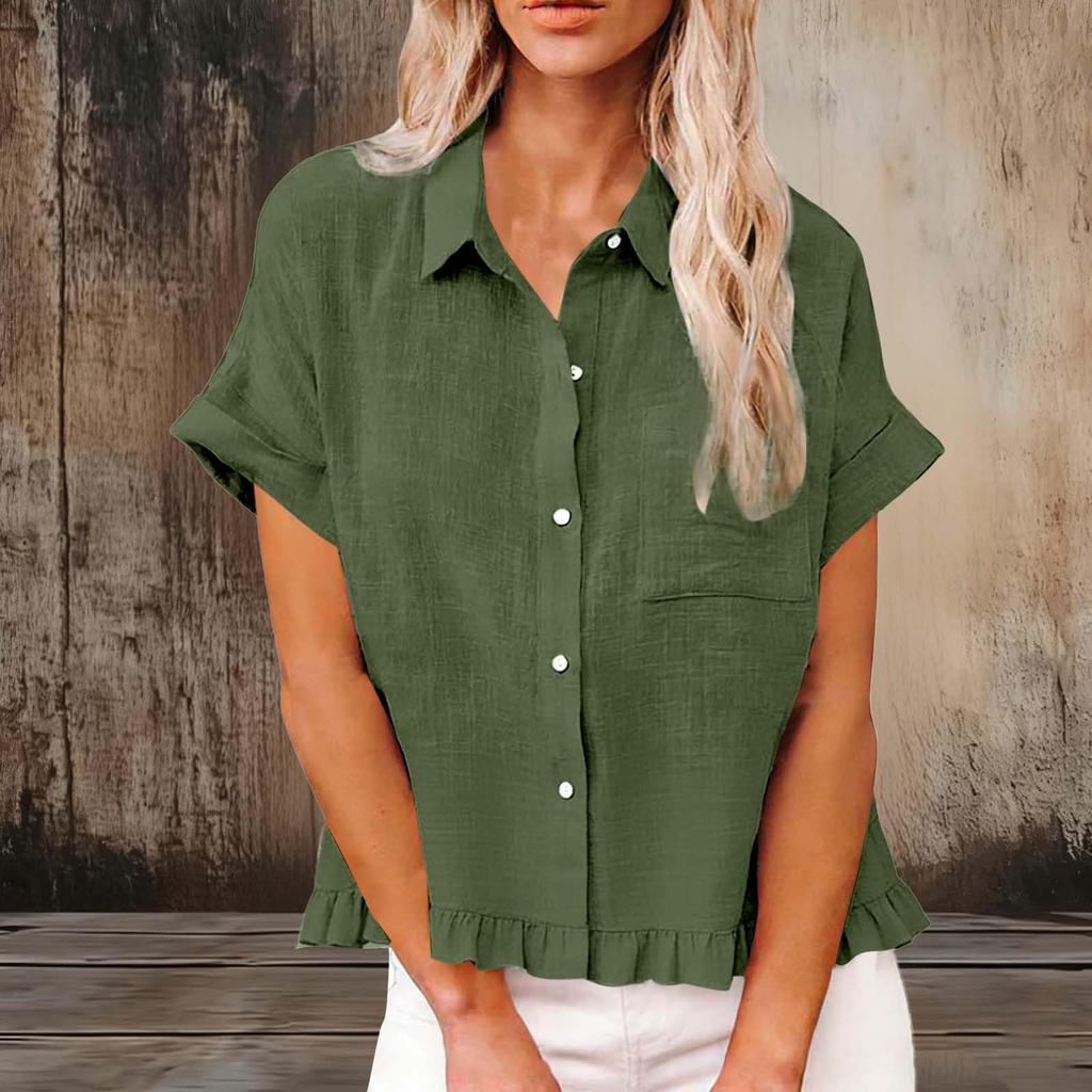 Women's Fashionable Loose-Fit Casual Shirt Button-Up Short-Sleeve Cotton-Linen Blend Top