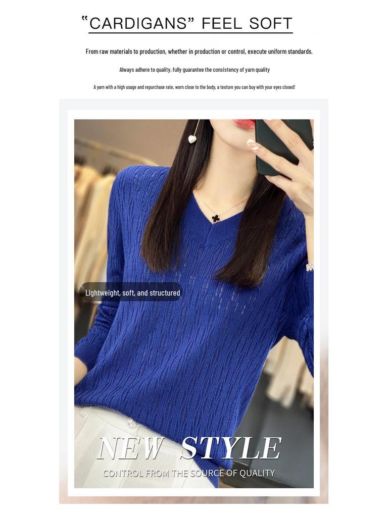 Summer 2025 Women's Plus Size V-Neck Long Sleeve Hollow Out Knit Sweater Cardigan Blouse