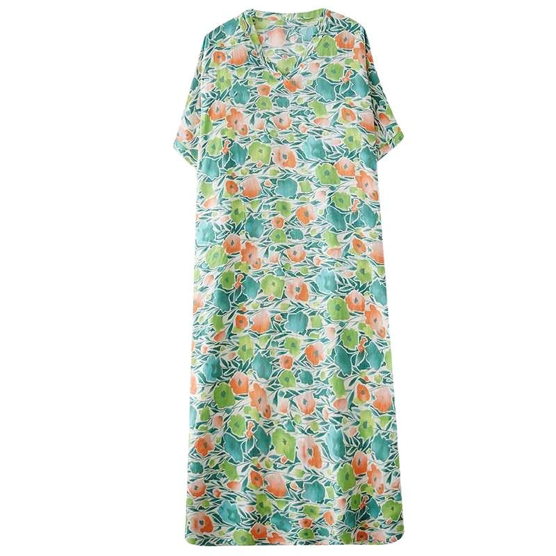 Women's Summer Floral V-Neck Maxi Dress Boho Linen Blend Beach Cover Up Loose Fit Vacation Dress with Side Slits