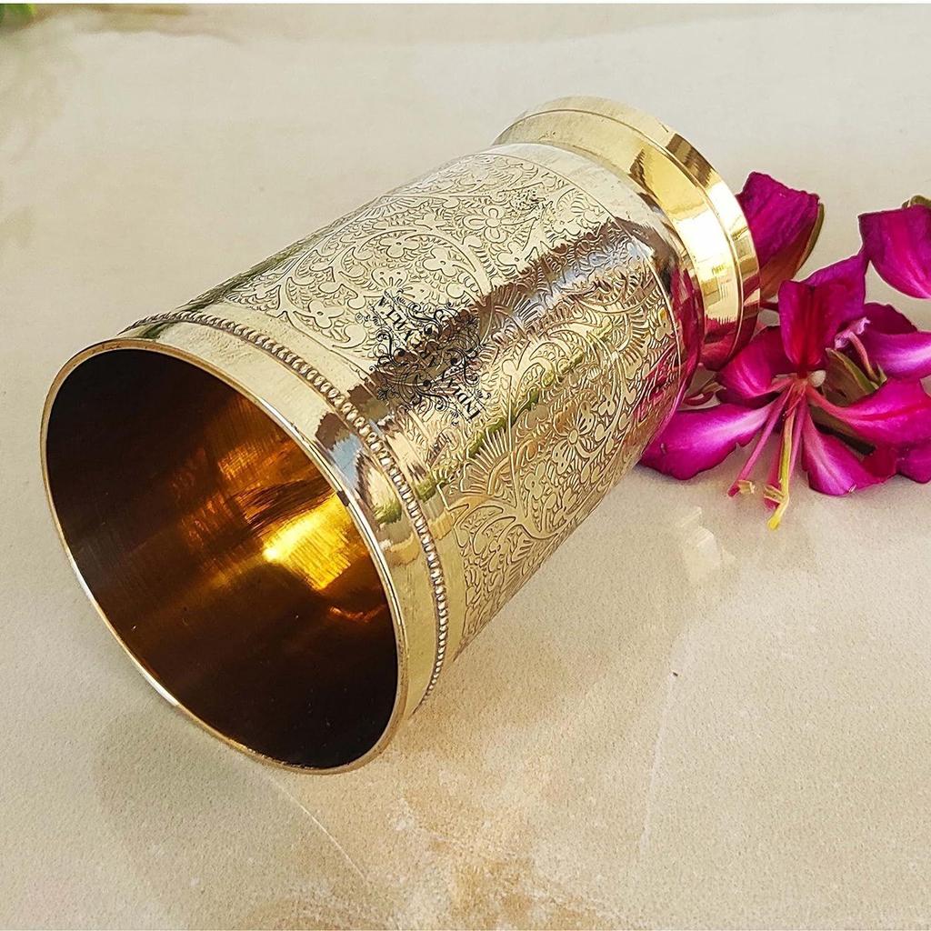 Pure Brass Glass Tumbler with Embossed Design, for Drinking Serving Water, Yoga & Ayurveda, Volume-300 ML, Set of 6