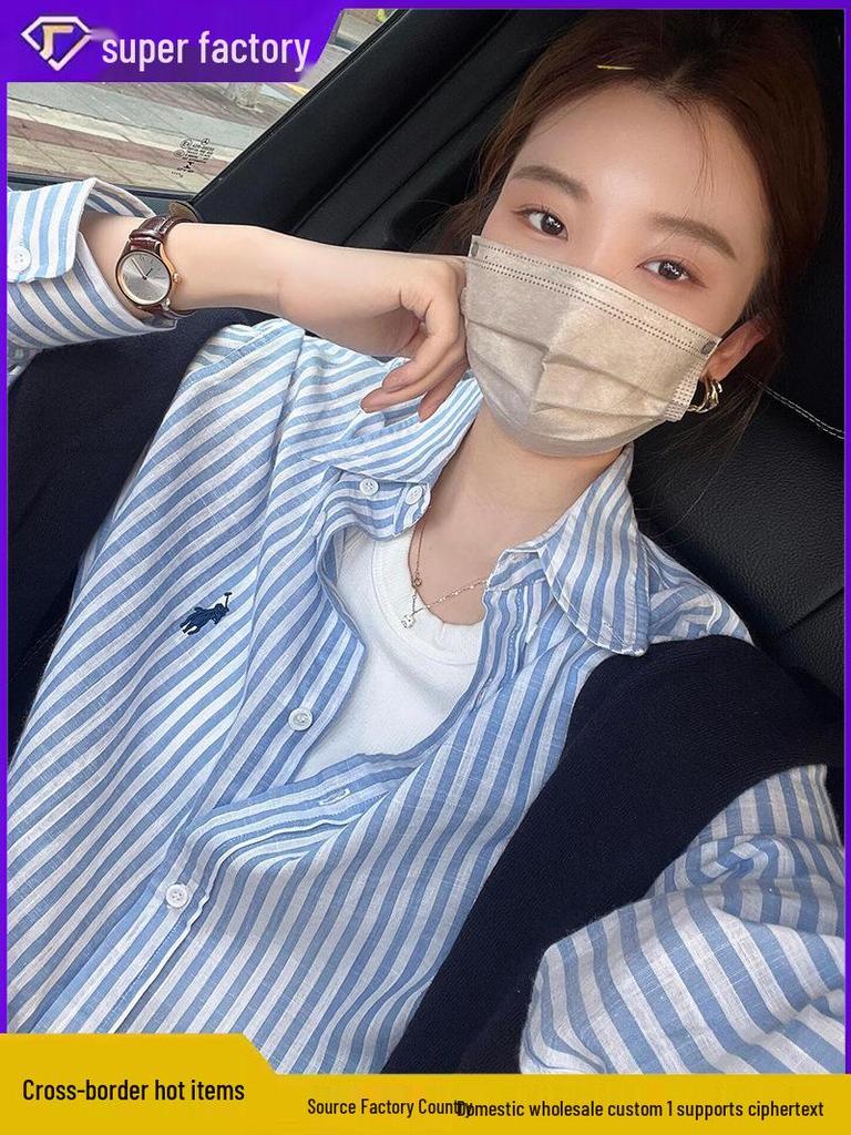 Ralph Lauren Women's Striped Long Sleeve Polo Shirt with Embroidered Horse Logo, Pure Cotton, Sun Protection