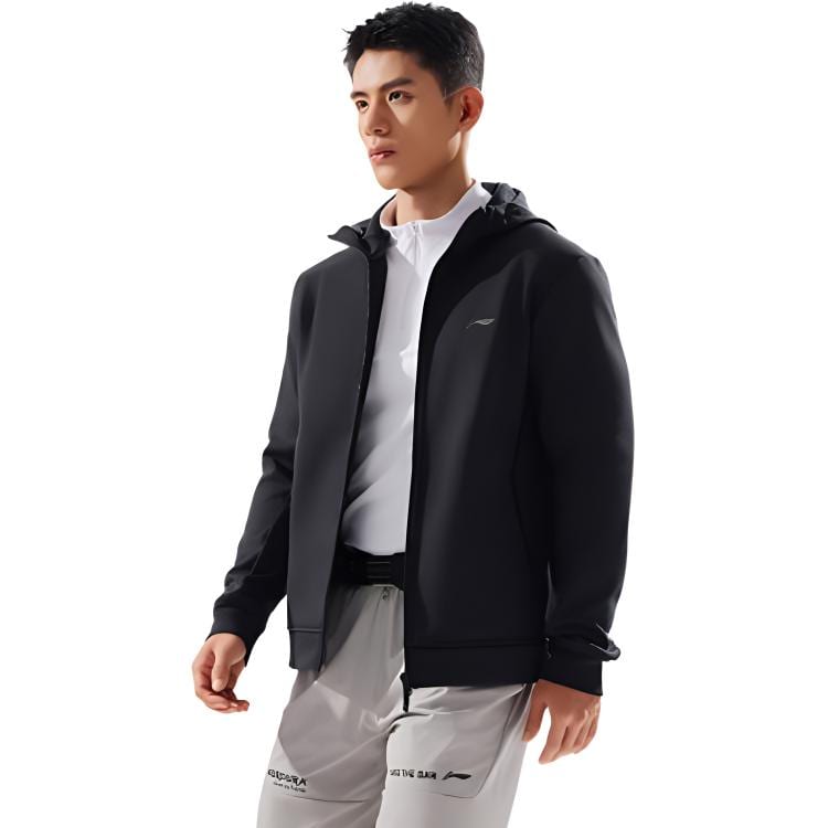 Li Ning Fitness, Knitted Fabric Solid Color Hooded Fleece Lined Warm Zipper Sweatshirt Men's Black AWDU577-1