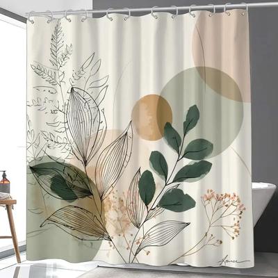 1pc Modern Leaf Pattern Shower Curtain, Polyester Fabric, Machine Washable, with Hooks, Suitable for Bathroom Décor.