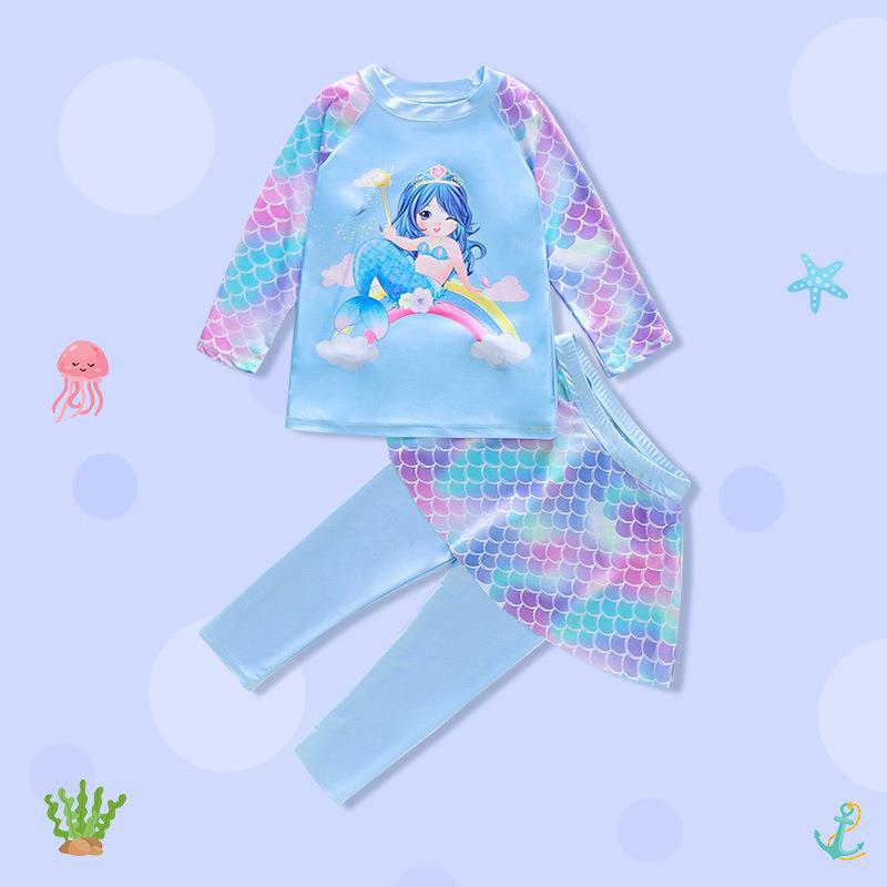 Kids' Long Sleeve Mermaid Swimsuit with Sun Protection and Quick-Dry Pants