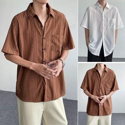 Lente Mannenhemd Uitgesneden Doorzichtig Korte Mouwen Omgeslagen Kraag Retro Borstzaklos Pure Kleur Streetwear Club Mannelijke Charme Slordig Shirt