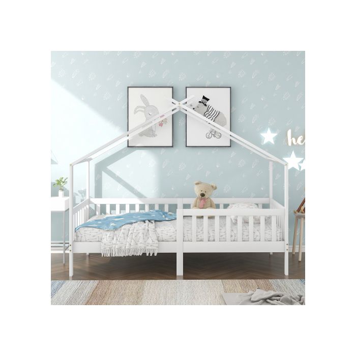 Lit enfant - MUVOE - Bois massif - 200x90 cm - Blanc - Garde-corps inclus