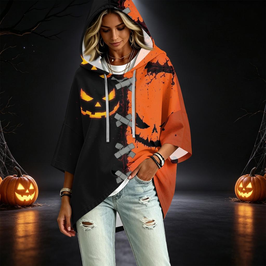 Women's Fashionable Three-Quarter-Sleeve Halloween-Printed Hooded Pullover