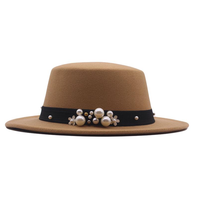 New Flat Top Flat Brim Top Hat Men's and Women's Retro Pearl Fashion British Woolen Hat