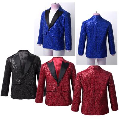 Blazer Boys Shiny Sequins Lapel One Button Suit Jacket Wedding Prom Formal Dinner Jacket Kids Coat