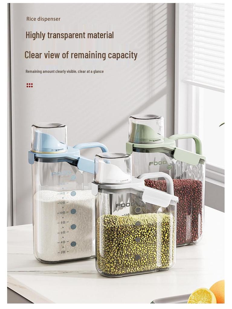 Transparent Portable Sealed Container with Measuring Cup for Grain, Cereal, Rice, Cat Food - Moisture & Insect Proof Kitchen Storage.