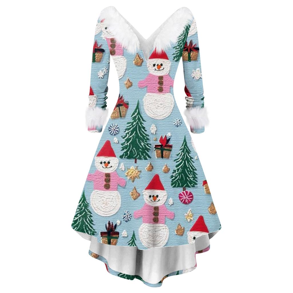 Damesmode Elegante Herfst En Winter Lange Mouw V-Hals Kerstprint Jurk