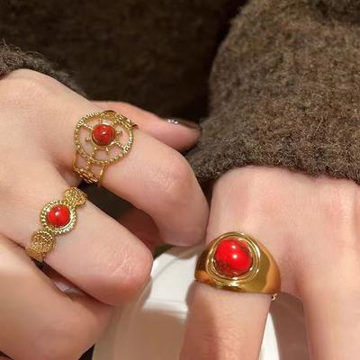 Red Lace Open Ring Women'S Light Luxury High-End Index Finger Ring Retro Fashion Personalized Earrings Ring