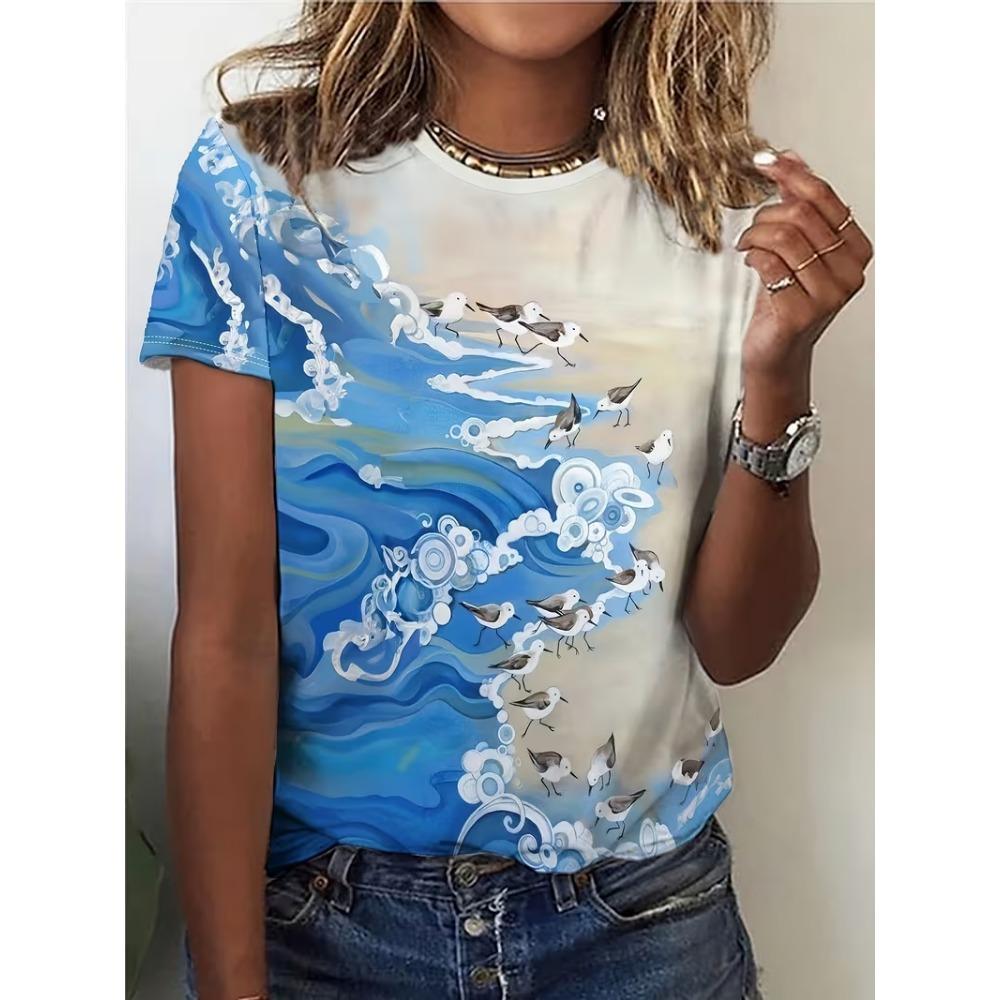 3D printed beach pattern printed women s short sleeved T-shirt 2XS