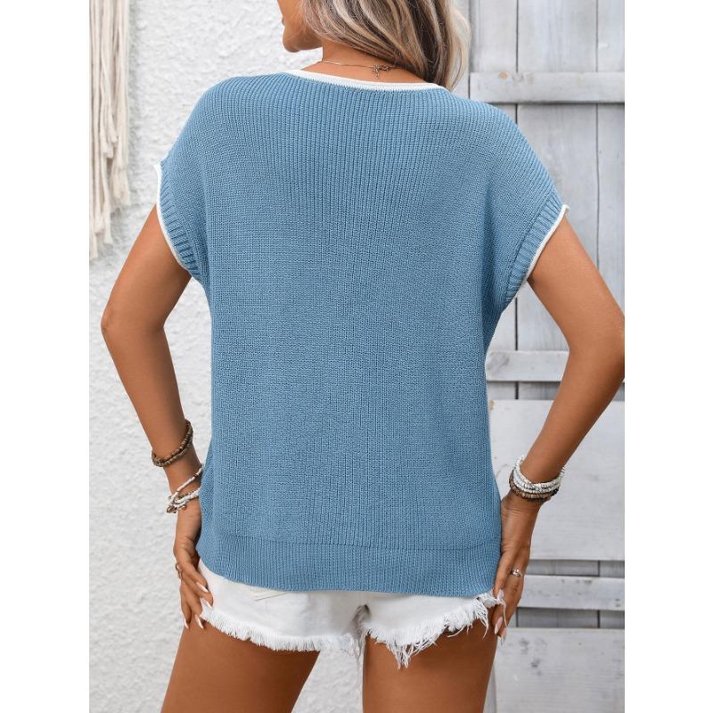 Women's Black Knit Top with White Contrast Trim Cap Sleeve Casual Summer Sweater