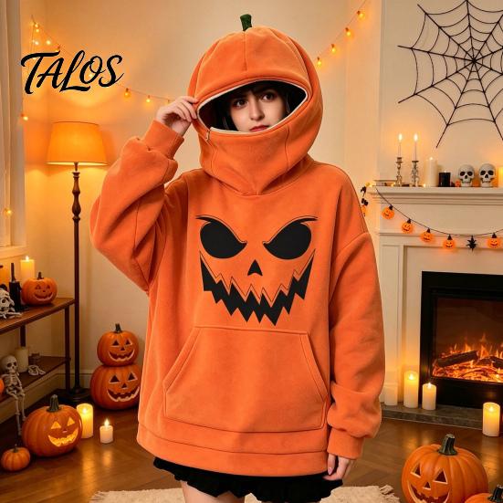 Halloween Pumpkin Hoodie Women Oversized Hoodie, Fall Long Sleeve Hooded Loose Fit Sweatshirt with Pocket, Jack-O-Lantern Holiday Costume Pullover Top