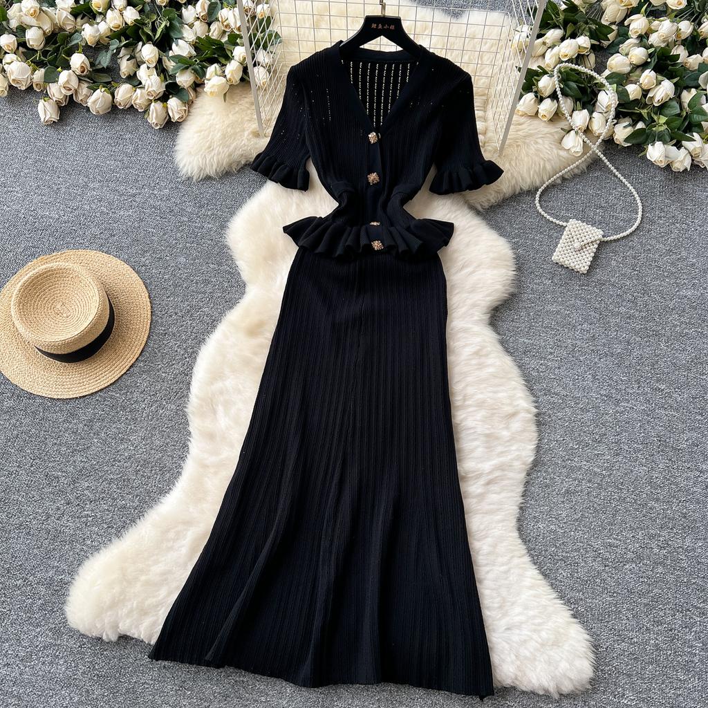 Retro Dzianinowa Falbanka Seksowna Jednorzędowa Elegancka Sukienka Wieczorowa A-line Kobiety Moda Koreańska Lato Odzież Damska