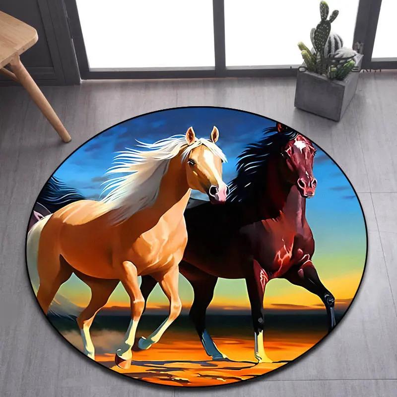 3D Running Horses Round Carpet Non-slip Mat Luxury Wild Horse Area Rug for Game Room Bedroom Decoration