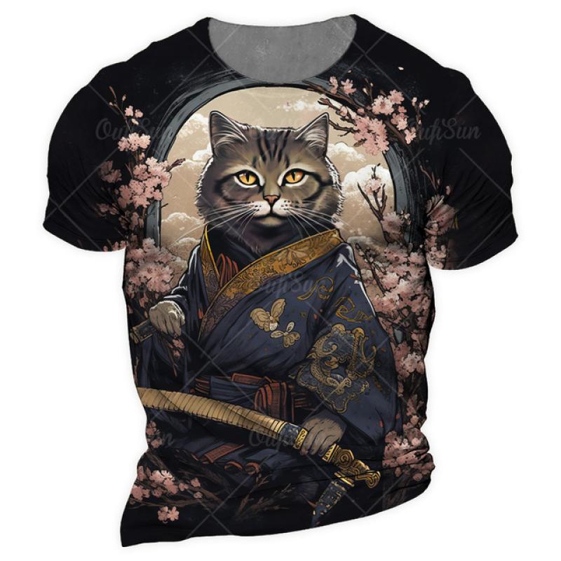 Samurai Cat O-Neck Men's Shirts Summer Male 3d Print Short Sleeve T Shirts Oversized Man Casual Top Tees Daily Animal Clothing