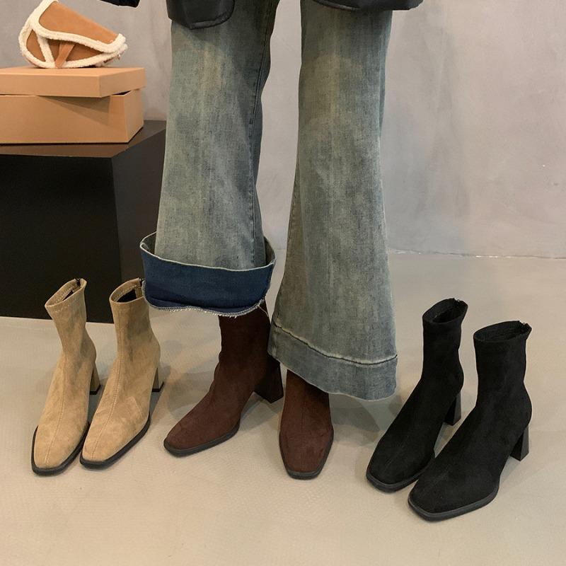 Fashion Vintage Women Ankle Boots 2025 Fashion Square Toe Thick High Shoes Autumn Winter New Ladies Elegant Stretch Slim Short Booties