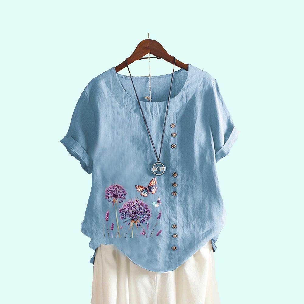Women Summer Short Sleeve T-shirt Beautiful Flowers Print Casual Round Neck Blouses Plus Size Clothes