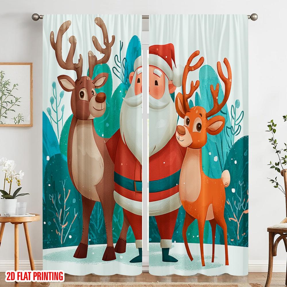 2Pcs,2D Plane Printing Curtains Roller Blinds Santa & Elk Polyester Fabric (Without Rod) Versatile All Use For Bedroom, Living