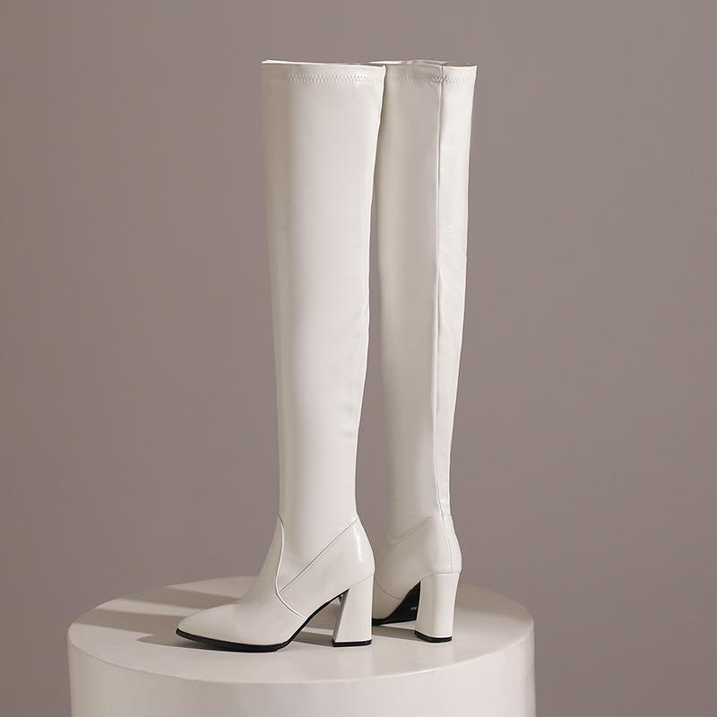 Women's High-heeled Boots Sexy European and American Style Pointed Thick Heel Solid Color Large Size Knee Elastic Boots