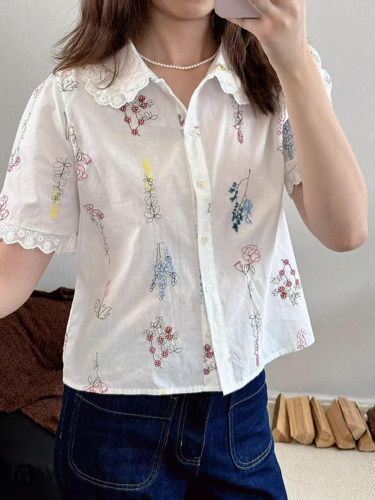 French Floral Embroidered Lace-Trim Lapel Short-Sleeve Loose Shirt for Women