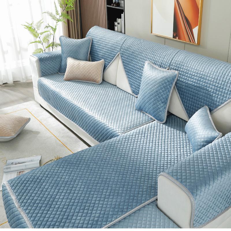 Flannelette Diamond-shaped Plaid Sofa Cushion Winter Warmth Beige non-slip Simple Sofa Cover Family Recliner Cushion Pillowcase