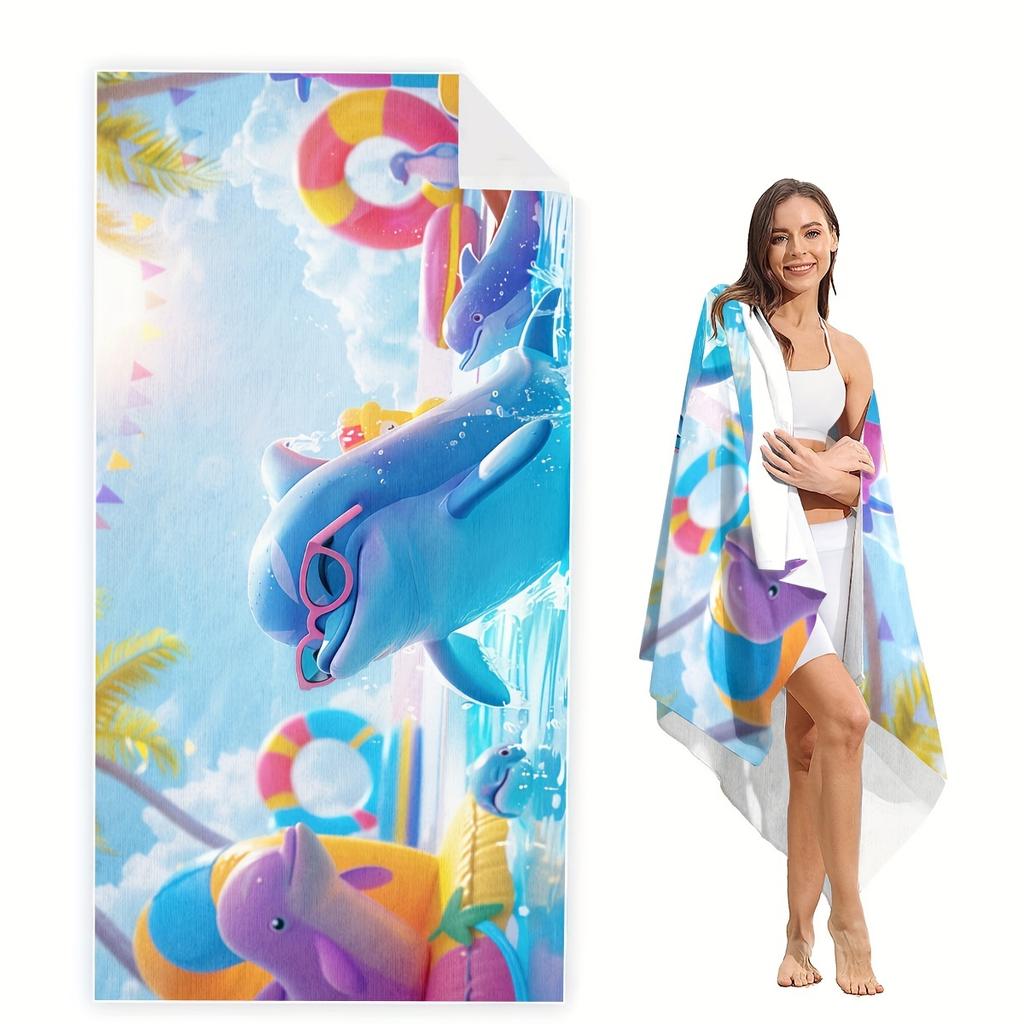Cute Dolphin Beach Towel, Summer Ocean Design, Cartoon Sea Animal Art, Soft Microfiber Towel For Kids & Adults