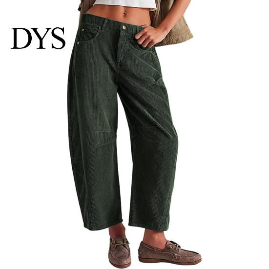 Pantaloni a coste a vita media a gamba larga da donna Vita elasticizzata Chiusura con bottone e zip Gamba larga Pantaloni casual con tasche Colore unito Pantaloni a barile