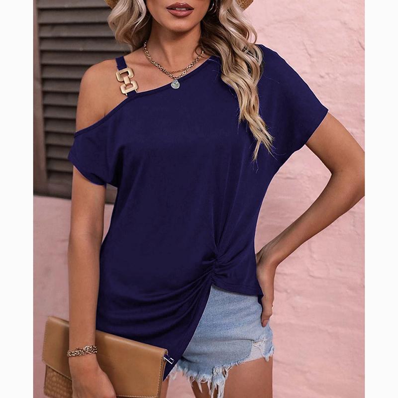 Léto Nové Tričko s jedním ramenem Krátký rukáv Dámské topy Elegantní Jednobarevné Tričko větší velikosti Ležérní Dámské Jednobarevné Jednoduché Volné Dámské tričko do kanceláře 24531